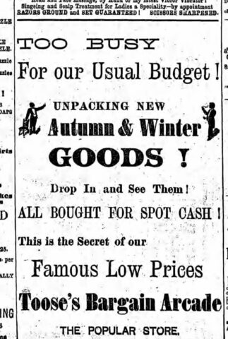 Toose's Bargain Arcade advertisement from 1913