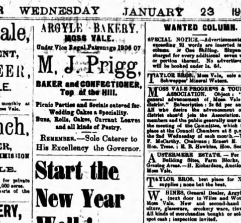 M. J. Prigg Royal Bakery advertisement from 1907