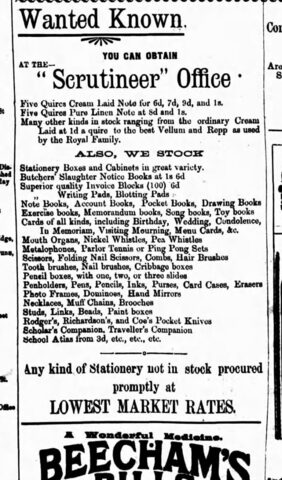 Scrutineer Office stationery advertisement from 1902