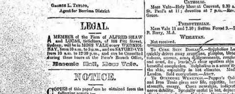 1892 advertisement for Alfred Shaw and Lucas branch-office hours at the Moss Vale Masonic Hall