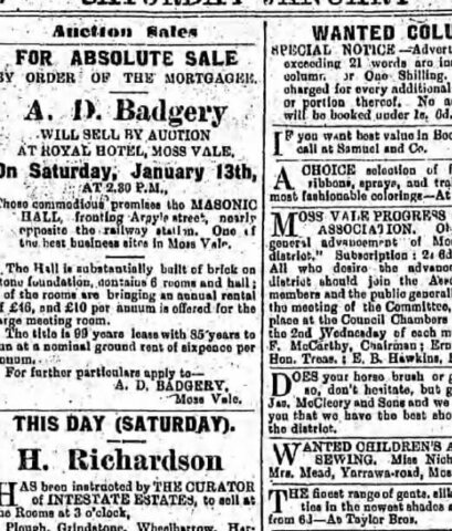 1906 mortgagee sale advertisement for the Moss Vale Masonic Hall