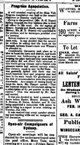 1923 report of a Moss Vale Progress Association meeting in the Wingecarribee council chambers