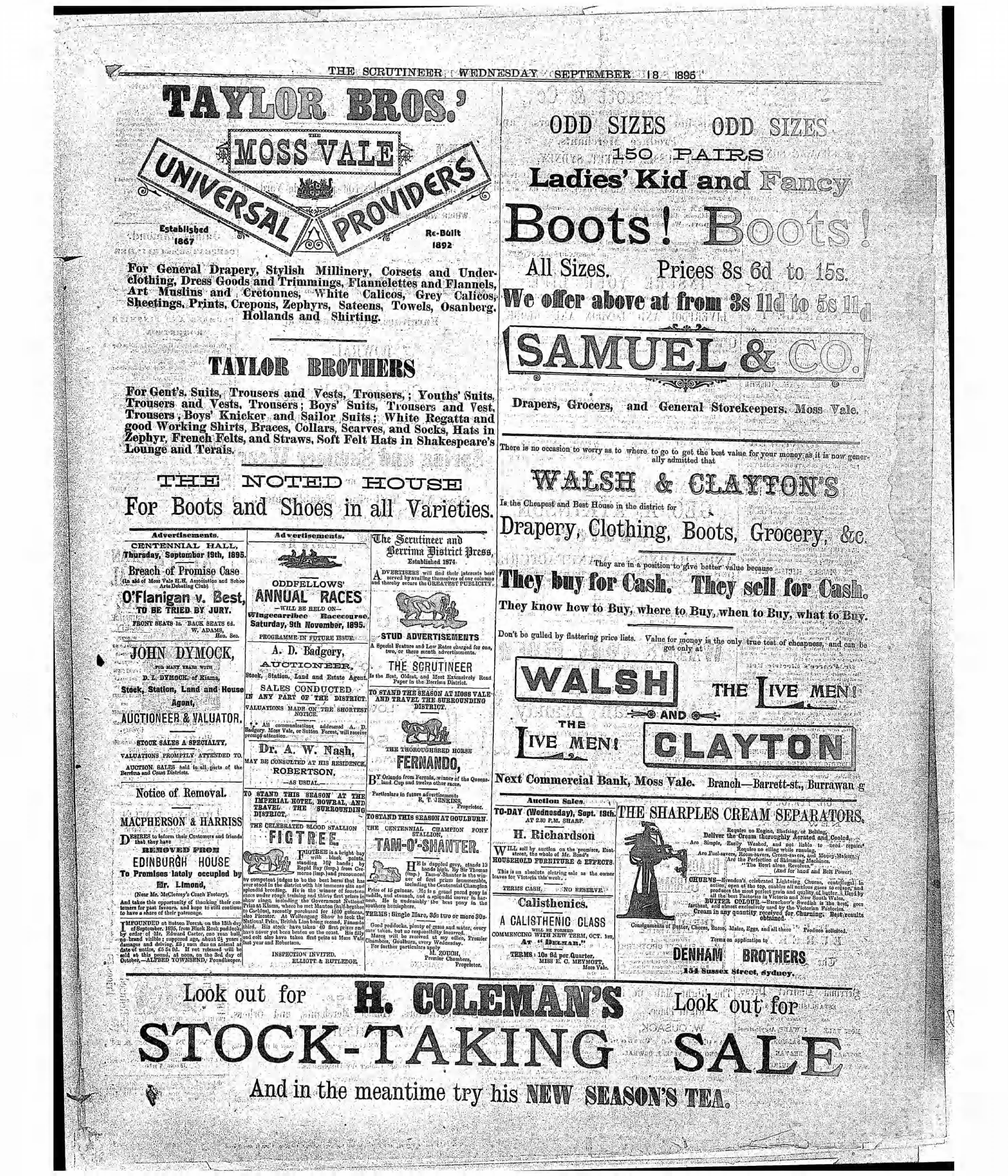 Full 1895 advertising page showing Macpherson and Harriss and Taylor Brothers notices