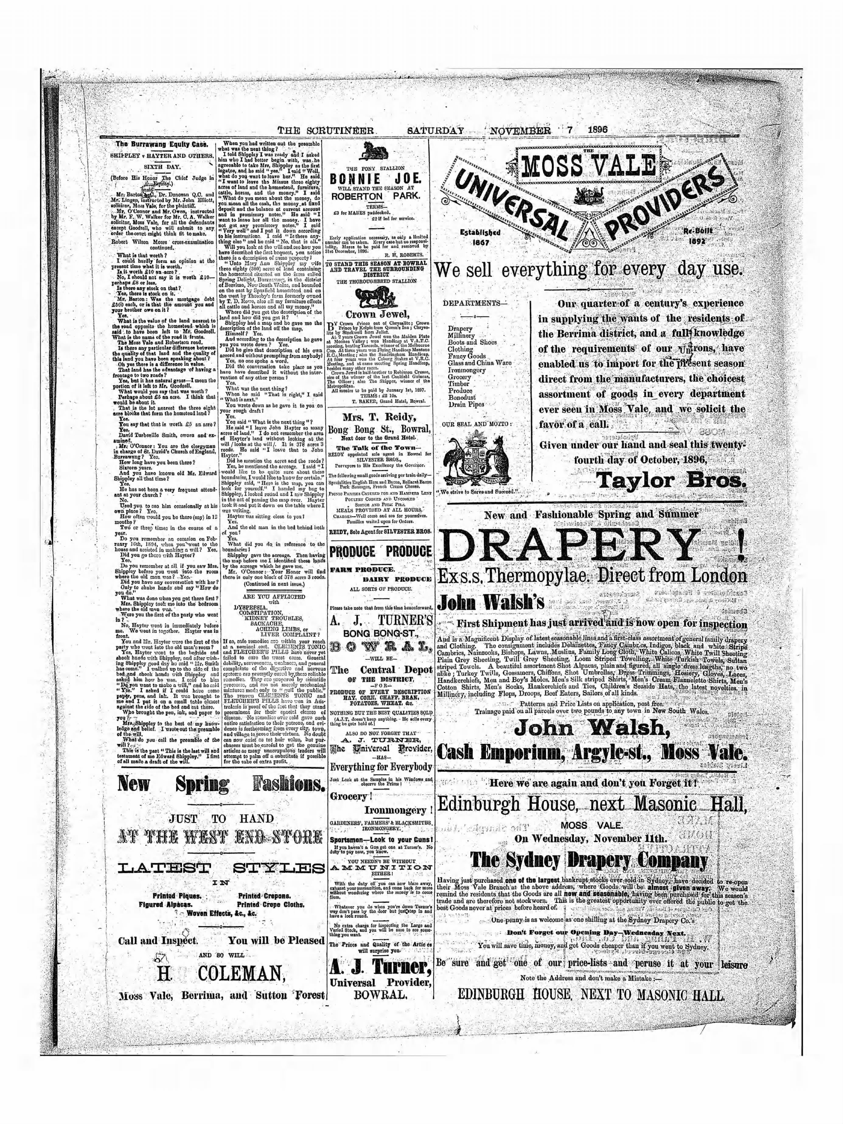 Full 1896 advertising page showing the Sydney Drapery Company at Edinburgh House