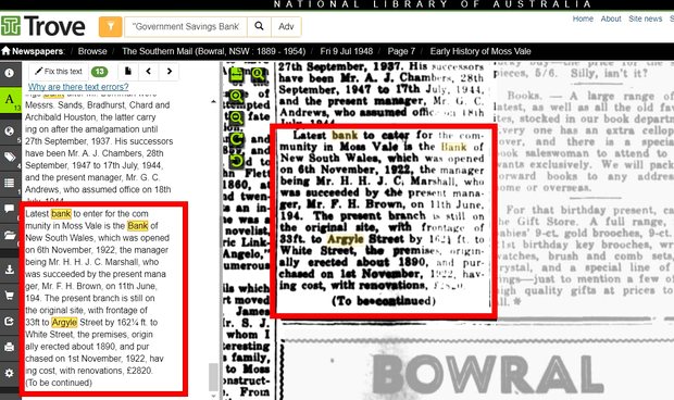 Historical account of the Bank of New South Wales in Moss Vale