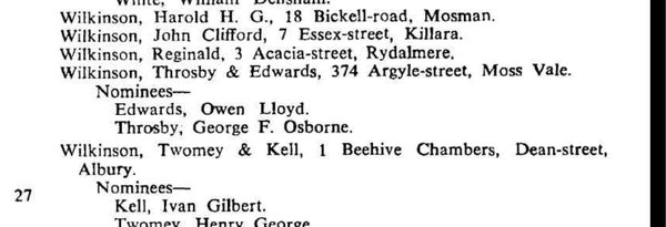 1961 Commonwealth Gazette listing Wilkinson, Throsby and Edwards at 374 Argyle Street