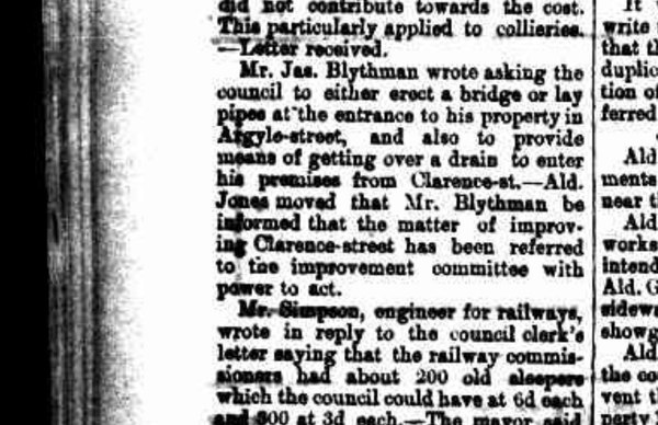 1903 council report about Blythman’s Argyle and Clarence Street entrances