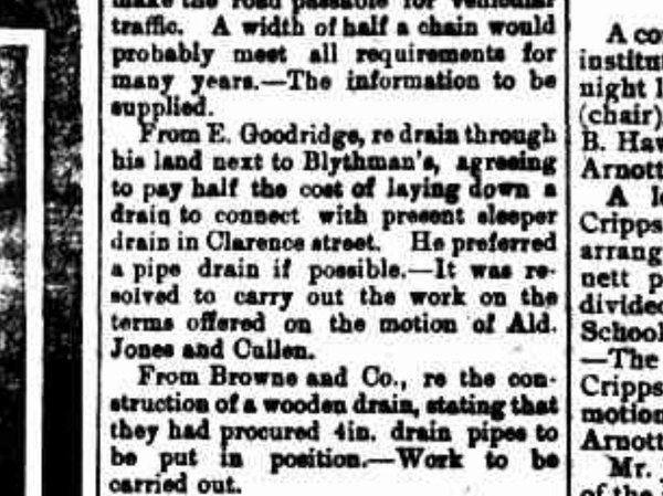 1909 council report about Goodridge’s land next to Blythman and the Clarence Street drain