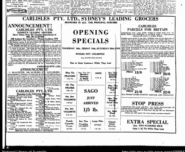 1947 Carlisles advertisement listing its Moss Vale branch in Argyle Street