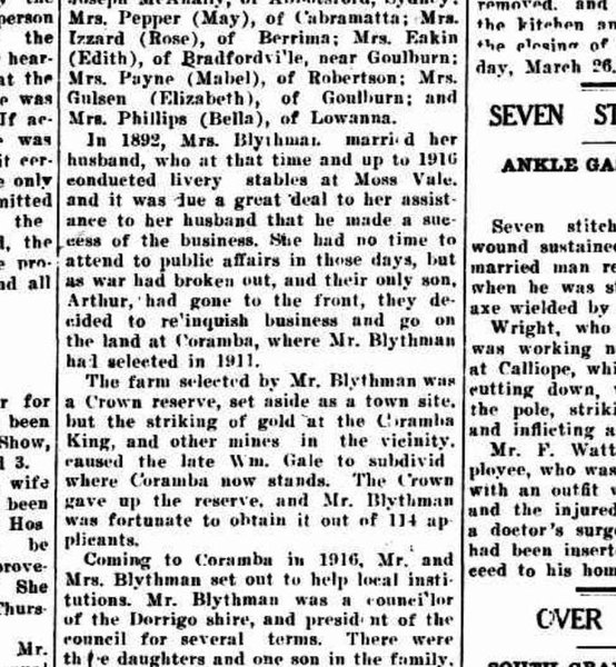 1934 obituary tracing James Blythman’s Moss Vale livery business to 1892